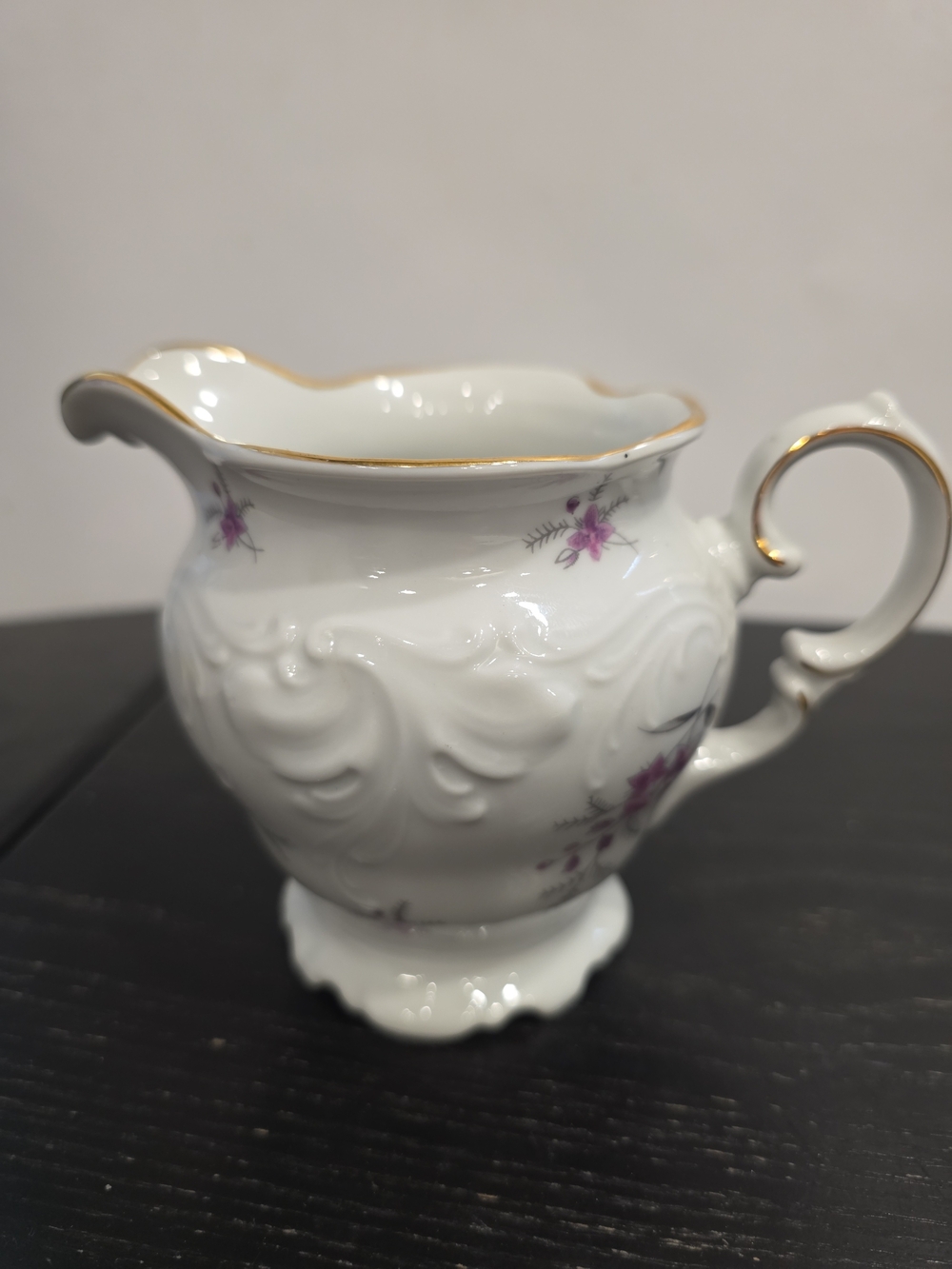 Classic White Porcelain Creamer with Purple Floral Motif and Gold Trim